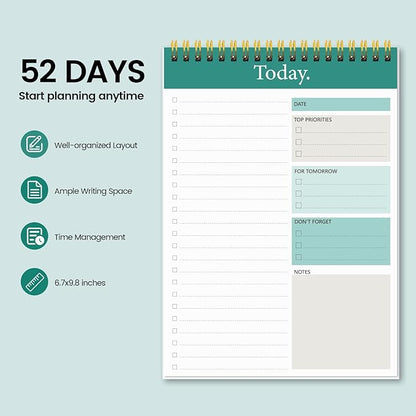 KMQOY To Do List Notepad - 4 Pack Daily Planner Pad Undated 52 Sheets Spiral Today Planner Note Pad Premium Thick Paper 6.5" x 9.8" For Work and Personal Organized-Green
