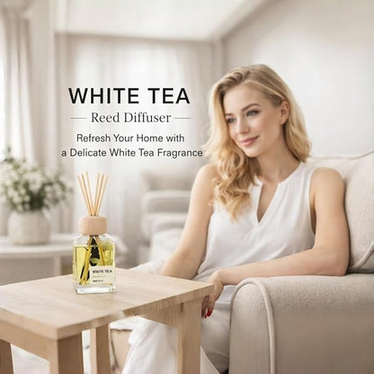 White Tea Essential Oil Reed Diffusers,Luxury Hotel Collection Diffuser Oil Inspired by Westin for Home&Office, Bedroom Living Room Shelf Decor,Bathroom Accessories,Non-Toxic & Gift Ready,3.34 FL OZ