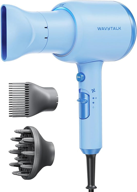 Wavytalk Hair Dryer, Blown Away Ionic Hair Dryer for Curly Hair with Diffuser, 1875W Fast Drying Blow Dryer with Ceramic Technology, 3 Attachments for All Hair Types, Light and Quiet, Light Blue