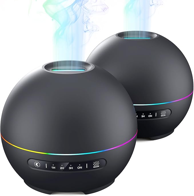 2 Pack Essential Oil Diffuser for Home - 200ml Ultrasonic Aromatherapy Diffuser with 4 Timers & 7 Colors Night Lights, 20dB Quiet Working for 10 Hours (Black+Black)