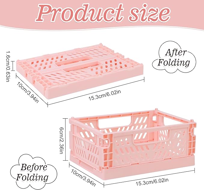 4-Pack Pink Baskets Plastic Storage Crate Small Baskets for Organizing Collapsible Storage Crates for Desk Organizers,Stackable Cute Storage Bins for Classroom,Office,Bathroom 5.9"x 3.9" x 2.3"