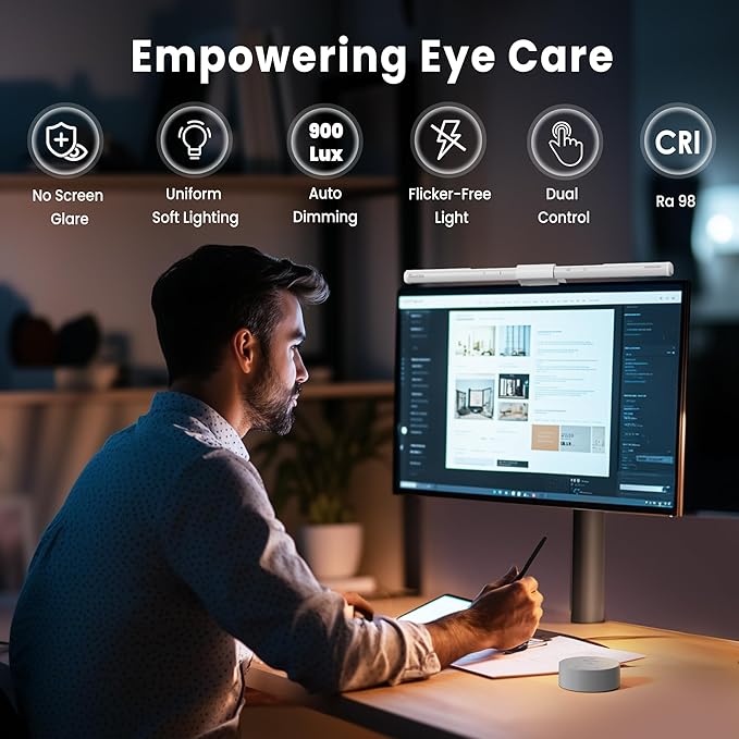 Quntis Monitor Light Bar Pro White, Eye-Care No Glare USB Computer Lamp, Stepless Dimming & Auto-Dimming Brightness, Dual Control, Modern Aesthetic Space Saving Desk Accessories Office Gaming Reading