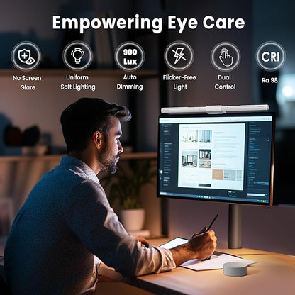 Quntis Monitor Light Bar Pro White, Eye-Care No Glare USB Computer Lamp, Stepless Dimming & Auto-Dimming Brightness, Dual Control, Modern Aesthetic Space Saving Desk Accessories Office Gaming Reading