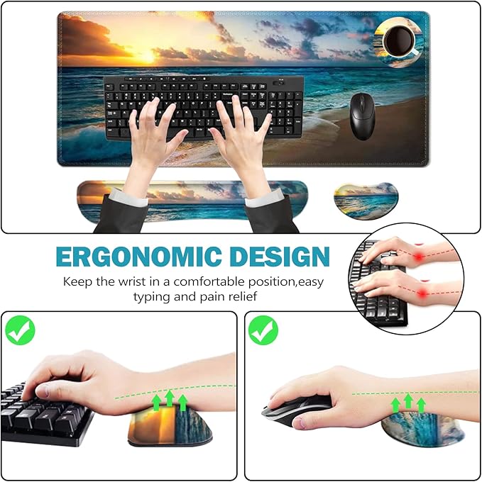 ToLuLu Extended Gaming Mouse Pad, Memory Foam Ergonomic Keyboard Mouse Wrist Rest Support Set, Large Desk Mat with Stitched Edges, Non-Slip Base Mousepad for Home Office Game and Study, Sunset