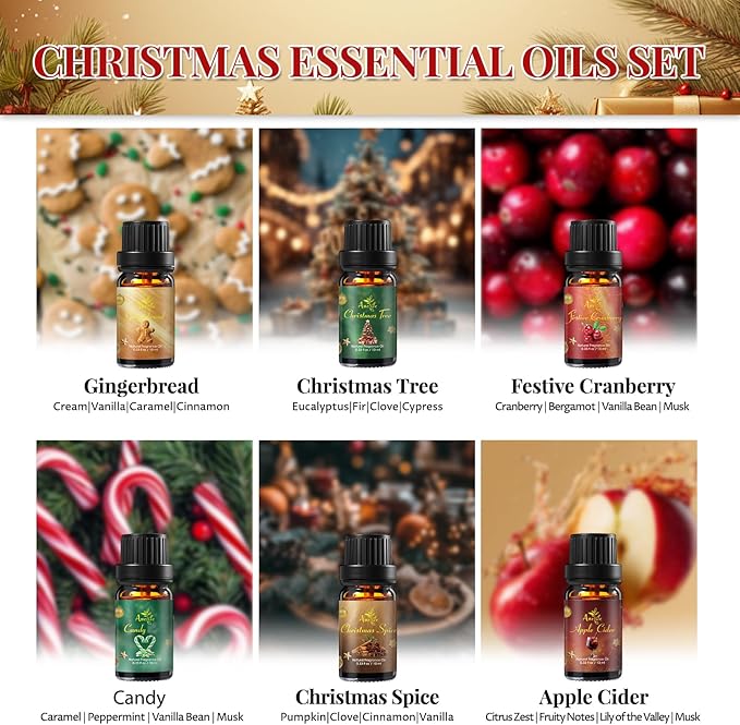 Winter Essential Oil Set | 6 Pack Holiday Fragrance Oils for Diffuser, Candle Making | Christmas Tree, Spice, Gingerbread, Apple Cider, Candy, Cranberry | Aromatherapy Gift Set for Home & Women
