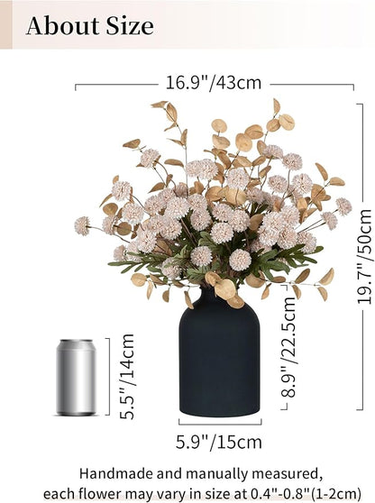 BLOSMON Dining Table Centerpiece Decor: Metal Vase with 12 Stems of Fake Mums Kiku Flower Eucalyptuses for Living Room - Beige Artificial Pom Poms Faux Floral Arrangements in Vase for Home