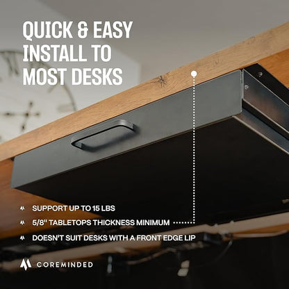 Under Desk Drawer Slide Out Attachment - Carbon Steel Undermount Table Drawer with Cable Management, Pull Out Add-On Storage for Office & Standing Desks (13" x 8" x 2.8")