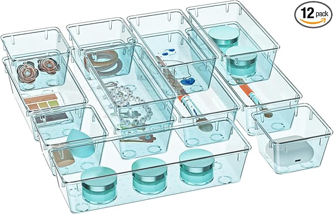 WOWBOX 12 Pack Clear Drawer Organizer Set, Acrylic Drawer Storage Trays, Storage Bins for Makeup, Cosmetics, Jewelries, Utensils, Gadgets, Office, Sea Blue