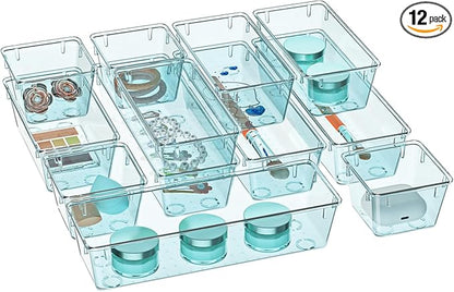 WOWBOX 12 Pack Clear Drawer Organizer Set, Acrylic Drawer Storage Trays, Storage Bins for Makeup, Cosmetics, Jewelries, Utensils, Gadgets, Office, Sea Blue