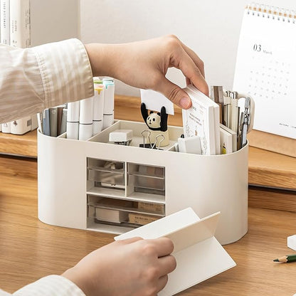 INSTOME Pencil Pen Holder for Desk with 3 Drawers - All-In-One Desk Organizer - Perfect Desk Accessories for Office Use - Stylish & Convenient Desk Organizers and Accessories (Beige)