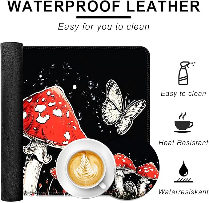 Large Keyboard Mouse Pad Set, Extended Mouse Pad+Keyboard Wrist Rest Support, Memory Foam Ergonomic Easy Typing, 4Pcs (31.5×11.8 in) Desk Pad Set for Office Home,Mushrooms and Butterflies