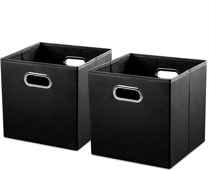 PRANDOM Leather Foldable Cube Storage Bins 13x13 inch [2-Pack] Fabric Storage Baskets Cubes Drawer with Cotton Handles Organizer for Shelves Nursery Closet Bedroom Clothes Black