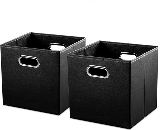 PRANDOM Leather Foldable Cube Storage Bins 13x13 inch [2-Pack] Fabric Storage Baskets Cubes Drawer with Cotton Handles Organizer for Shelves Nursery Closet Bedroom Clothes Black
