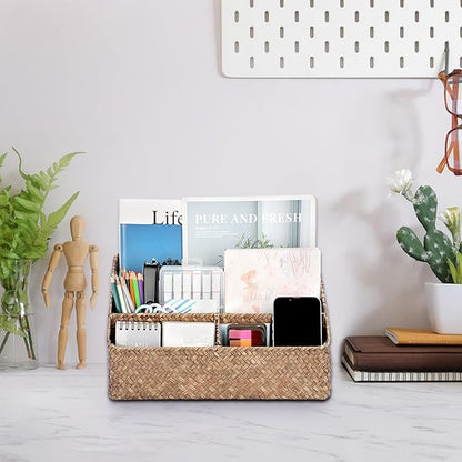 BTSKY Woven Storage Basket Natural Seagrass Vertical Wicker Storage Baskets with 4 Compartments Desk Organizers and Storage Magazine File Holder Home Office Supplies Sorter Rack, Coffee