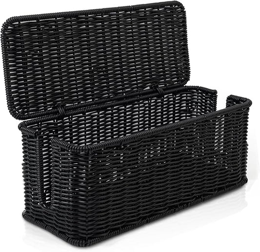 Cable Management Box, Handmade Rattan Cable Organizer with 2 Open Slots, Cord Hider for Power Strip, Router & USB Hub, Registered U.S. Design Patent (D1,112,102), 13" x 5.1" x 5.1", Black