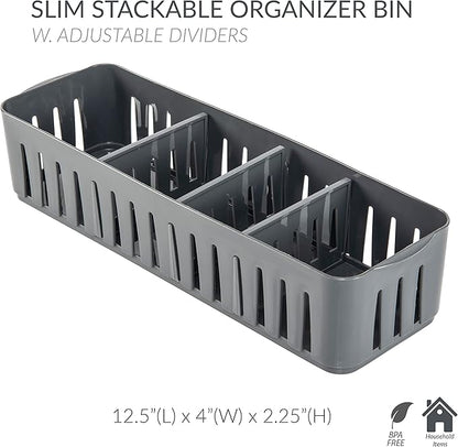 Simplify 4 Compartment Stackable Bin with Adjustable Dividers | Drawer Organizer | Storage Basket | Good for Office | Desk Supplies | Dorm |Bathroom | Accessories | Make Up | Grey