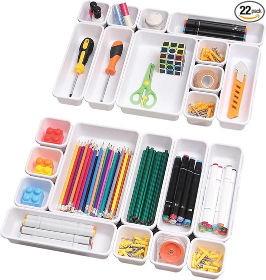 Set of 22 Interlocking Desk Drawer Organizer Tray Dividers Plastic Shallow Narrow Drawers Organizers Separators Storage Bins Container for Kitchen Bathroom Makeup Office Vanity Bedroom Dresser White