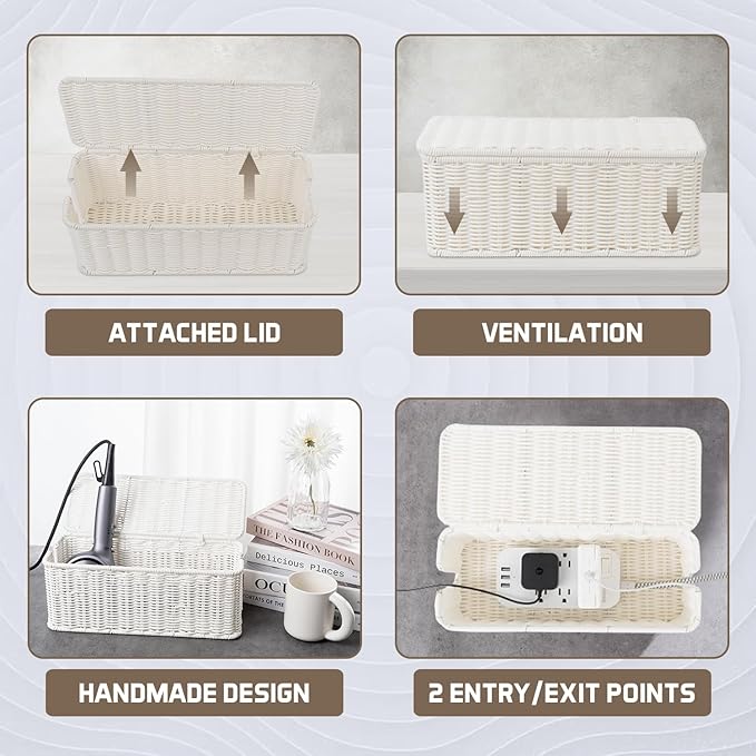 Cable Management Box, Handmade Rattan Cable Organizer with 2 Open Slots, Cord Hider for Power Strip, Router & USB Hub, Registered U.S. Design Patent (D1,112,102), 13" x 5.1" x 5.1", White