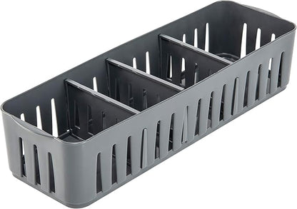 Simplify 4 Compartment Stackable Bin with Adjustable Dividers | Drawer Organizer | Storage Basket | Good for Office | Desk Supplies | Dorm |Bathroom | Accessories | Make Up | Grey