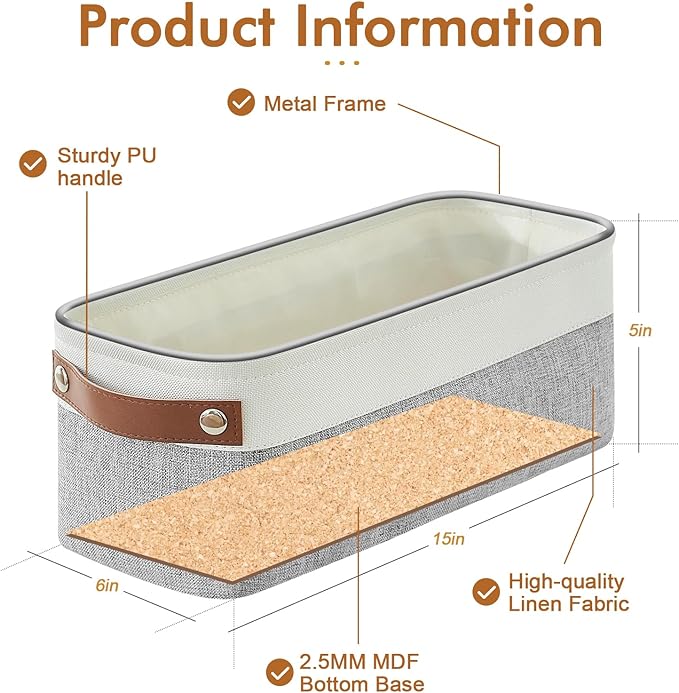 Small Fabric Storage Baskets, 15x6x5 inch Narrow Storage Bins 4-Pack Long Storage Basket for Organizing with Handles, Decorative Basket for Closets, Shelves, Toilet Paper, Grey