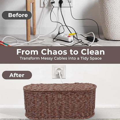Cable Management Box, Handmade Rattan Cable Organizer, 2 Open Slots Cords Hider Box, Under Desk Cord Organizer for Computer Router USB Hub & Power Strip, Patent Pending, 15.9" x 6.5" x 6.5", Brown