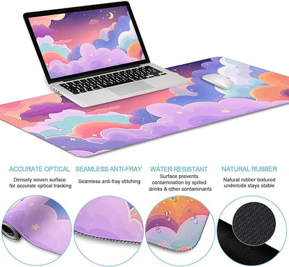 Purple Mouse Pad Large Desk Mat Set, Kawaii Clouds Ergonomic Mouse Pad with Wrist Rest Keyboard Wrist Support XXL Mousepad Cup Coaster Set, Cute Purple Office Desk Accessories Decor Supplies