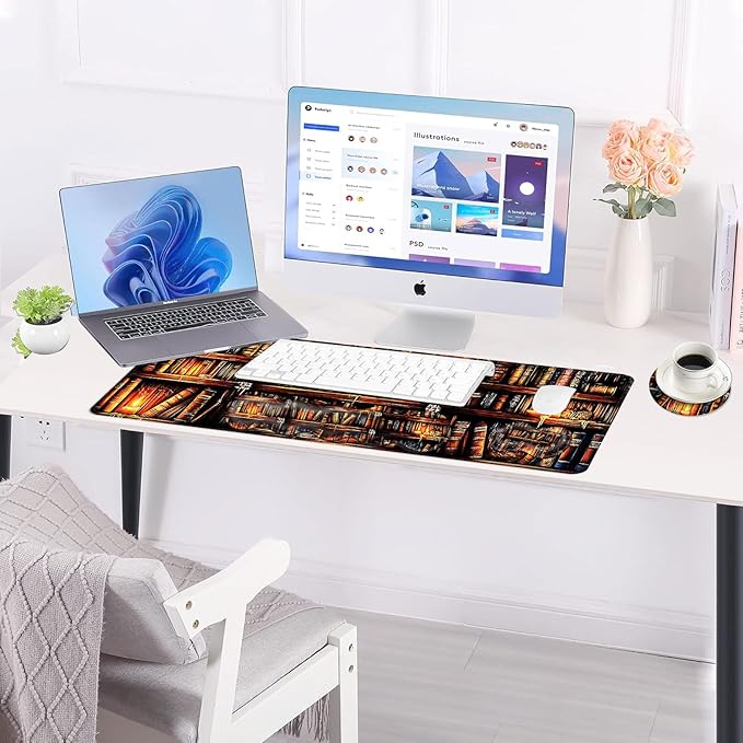 Large Keyboard Mouse Pad Set, Extended Mouse Pad+Keyboard Wrist Rest Support, Memory Foam Ergonomic Easy Typing, 4Pcs (31.5×11.8 in) Desk Pad Set for Office Home,Vintage Bookshelf