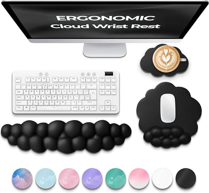 Premium Quality Cloud Wrist Rest Keyboard & Mouse Pad Set – Ergonomic Memory Foam Desk Accessories with Wrist Support for Office & Gaming – Black Lether