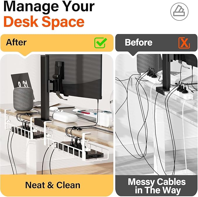 3 Pack Cable Management Under Desk Tray, 47.1" No Drill Under Desk Wire Management with Upgraded Clamp, Metal Cord Organizers with Cable Organizers, PC Cord Organization Rack, White