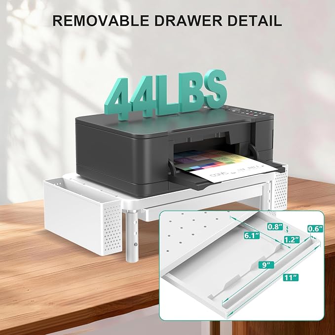 WALI Computer Monitor Stand with Storage, Desk Organizer with Drawer and Pen Holder, Desk Monitor Riser 3 Height Adjustable, Laptop Riser for Computer, Laptop, Printer(PTT003-W), 1 Pack, White