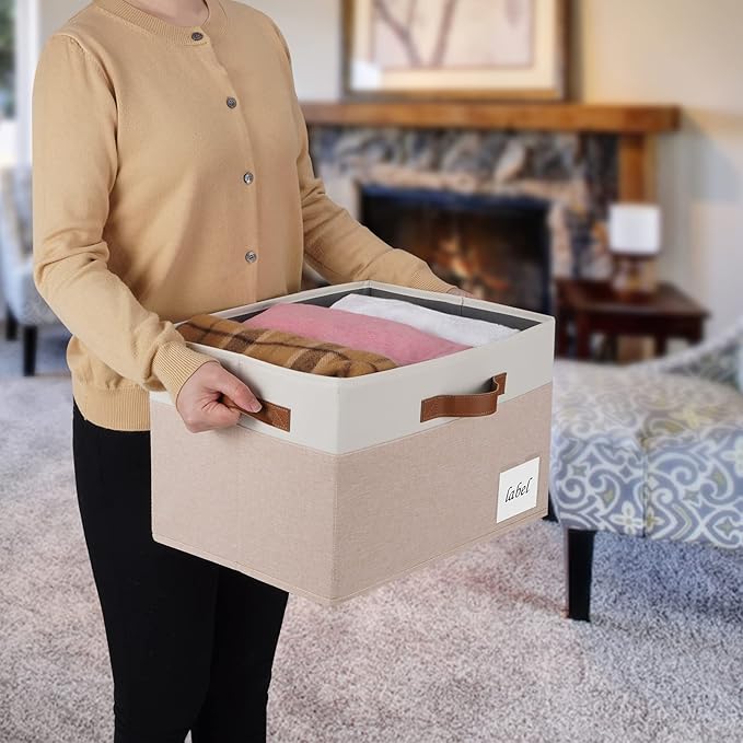 Extra Large Storage Bins with Lids, Foldable Fabric Storage Baskets with Lids, Sturdy Storage Boxes with Labels and 3 PU Handles for Closet Home Bedroom Office (32L, 3 Packs, Pink&White)