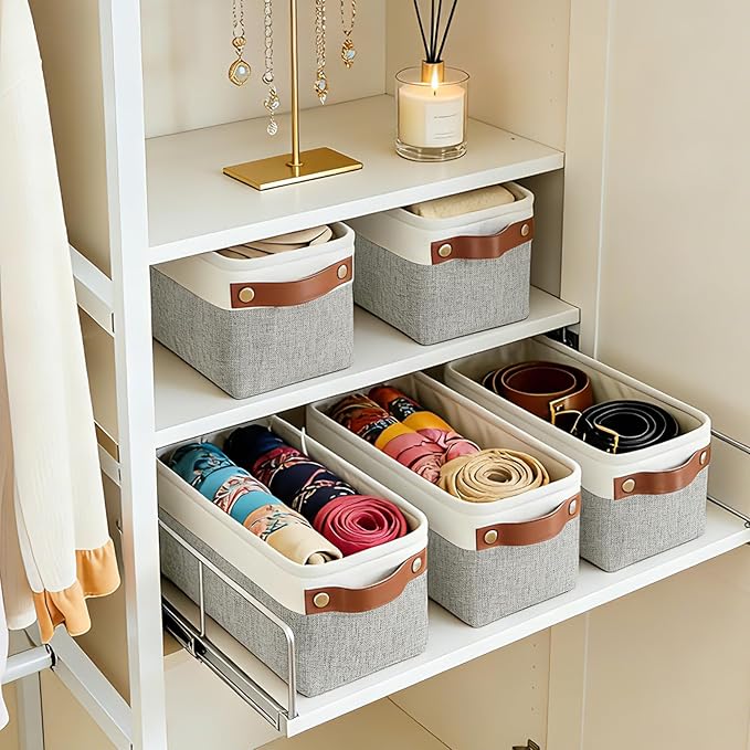 Small Fabric Storage Baskets, 15x6x5 inch Narrow Storage Bins 4-Pack Long Storage Basket for Organizing with Handles, Decorative Basket for Closets, Shelves, Toilet Paper, Grey