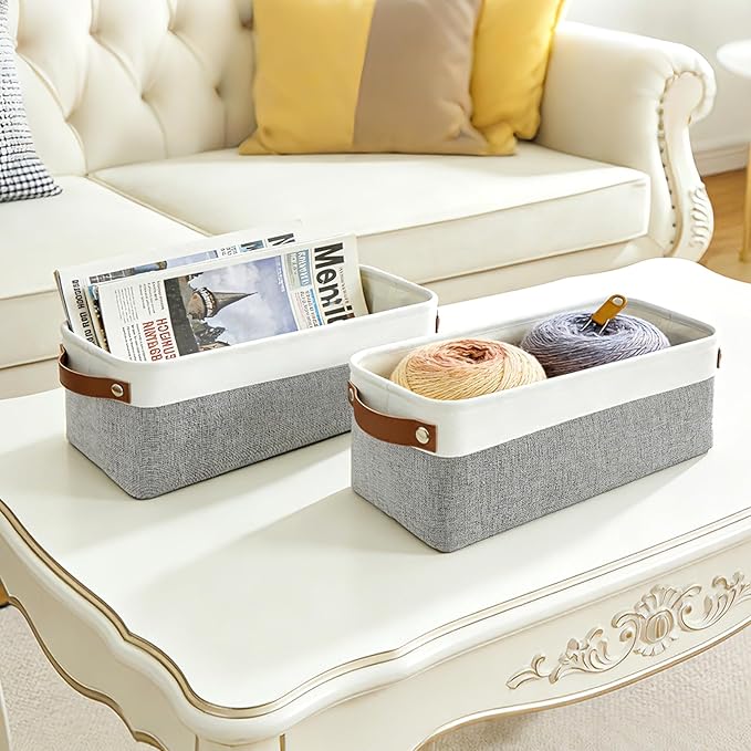 Small Fabric Storage Baskets, 15x6x5 inch Narrow Storage Bins 4-Pack Long Storage Basket for Organizing with Handles, Decorative Basket for Closets, Shelves, Toilet Paper, Grey