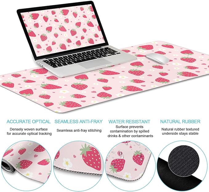 Strawberry Mouse Pad Desk Mat Set, Pink Ergonomic Mouse Pad with Wrist Rest, Large Gaming Mousepad Wrist Support Keyboard Mat Cup Coaster Set, Cute Office Desk Decor Accessories Supplies