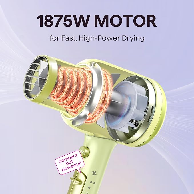Wavytalk Hair Dryer with Diffuser, Blown Away Ionic Hair Dryer for Curly Hair with Comb, 1875W Fast Drying Blow Dryer with Ceramic Technology, 3 Attachments for All Hair Types, Light and Quiet, Green