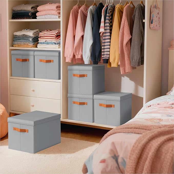 Storage Bins with Lids - Fabric Storage Baskets for Shelves, 4 Pack Foldable Decorative Boxes with Handles, Stackable Organizer Bins for Home, Nursery, Dorm, Grey