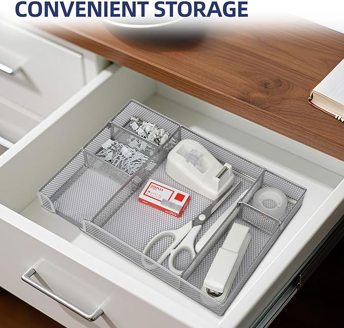 Office Desk Accessories, Desk Organizers and Accessories, Stapler and Tape Dispenser Set Metal Storage Box,Stapler,Staple Remover,Paper Clips,Ruler,Scissors.Suitable for Office and Study Use,White