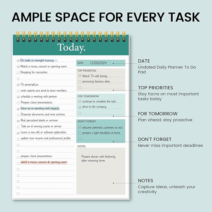 KMQOY To Do List Notepad - 4 Pack Daily Planner Pad Undated 52 Sheets Spiral Today Planner Note Pad Premium Thick Paper 6.5" x 9.8" For Work and Personal Organized-Green
