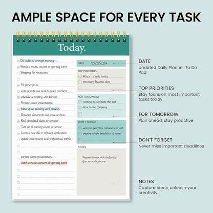 KMQOY To Do List Notepad - 4 Pack Daily Planner Pad Undated 52 Sheets Spiral Today Planner Note Pad Premium Thick Paper 6.5" x 9.8" For Work and Personal Organized-Green