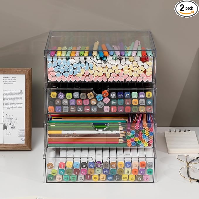 Clear Desk Organizers and Accessories, Plastic Drawer Organizer for Home Office Supplies, Marker Pen, Notebooks, Art Crafts, Stackable Makeup Storage Box for Bathroom Vanity (4 Drawers)