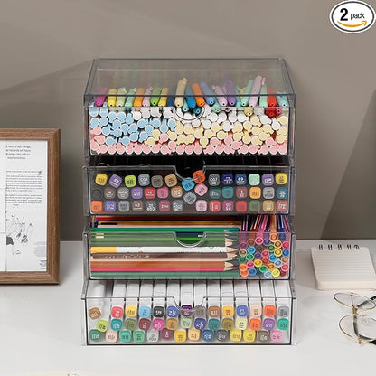 Clear Desk Organizers and Accessories, Plastic Drawer Organizer for Home Office Supplies, Marker Pen, Notebooks, Art Crafts, Stackable Makeup Storage Box for Bathroom Vanity (4 Drawers)