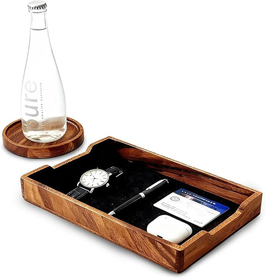 Walnut Desk Tray with Cup Coaster Set, Natural Wooden felt lined Desk Drawer Organizer for Keys, Pen, Watch, Home Office Desktop Accessories