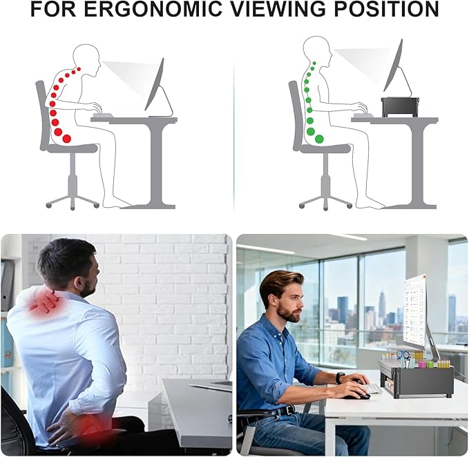 WALI Computer Monitor Stand with Storage, Desk Organizer with Drawer and Pen Holder, Desk Monitor Riser 3 Height Adjustable, Laptop Riser for Computer, Laptop, Printer(PTT003-B), 1 Pack, Black