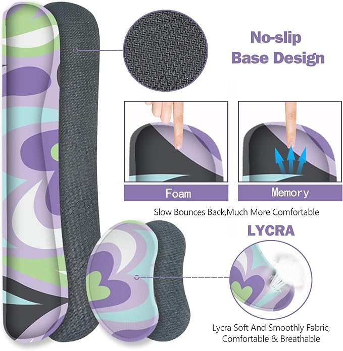 ToLuLu Extended Gaming Mouse Pad, Memory Foam Ergonomic Keyboard Mouse Wrist Rest Support Set, Large Desk Mat with Stitched Edges, Non-Slip Base Mousepad for Home Office Game Study, Purple Hearts