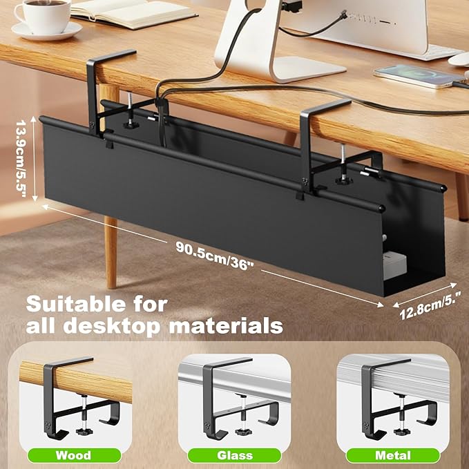 Dayacoo No Drill Under Desk Cable Management Tray, 36" Clamp/Screw Mount Cord Organizer for Desk, Fabric Cable Management Tray for Storage and Hide Cords, Cable Organizer for Office Home, Black
