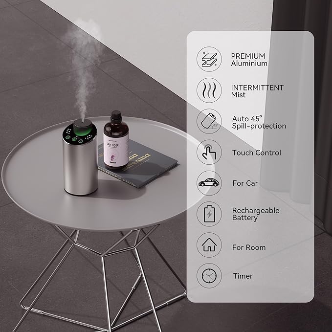 Waterless Essential Oil Diffuser Scent Aromatherapy Diffusers for Home Large Room, Car, Office, Portable Battery Operated Cordless Air Freshener, 4 Timers & 3 Mist Levels, 100ml Capacity (Silver)