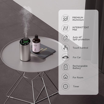 Waterless Essential Oil Diffuser Scent Aromatherapy Diffusers for Home Large Room, Car, Office, Portable Battery Operated Cordless Air Freshener, 4 Timers & 3 Mist Levels, 100ml Capacity (Silver)