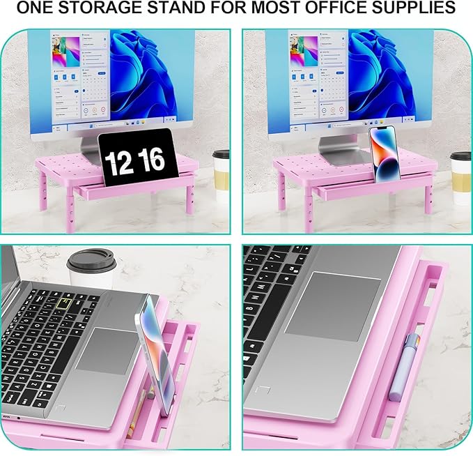 WALI Computer Monitor Stand with Storage, Desk Monitor Riser 3 Height Adjustable, Laptop Riser with Airflow Vents, Desk Organizer for Computer, Laptop, Printer (PTT002-P), 1 Pack, Pink