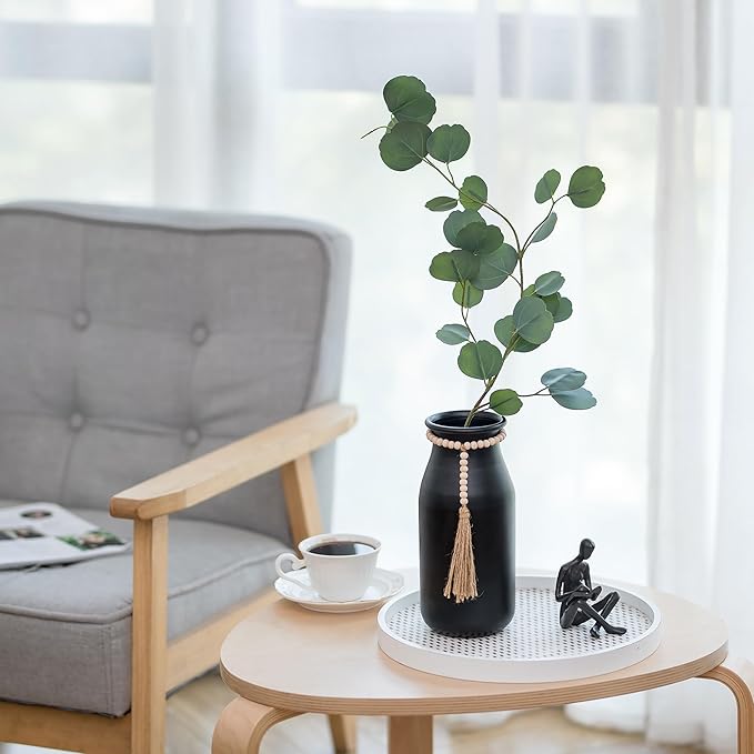 Sziqiqi Black Decorative Flower Vase - 9in Boho Vase with Bead Strings for Pampas Grass Vintage Metal Vases for Table Home Decor Matte Cylinder Vase for Artificial Flowers Rose Twigs