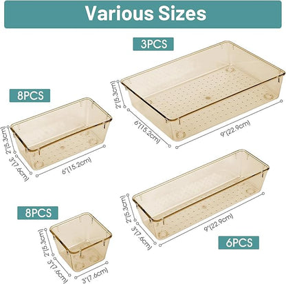 WOWBOX 25 PCS Plastic Drawer Organizer Set, 4 Sizes Desk Drawer Divider Organizers and Storage Bins for Makeup, Jewelry, Gadgets for Kitchen, Bedroom, Bathroom, Office, Clear Champagne